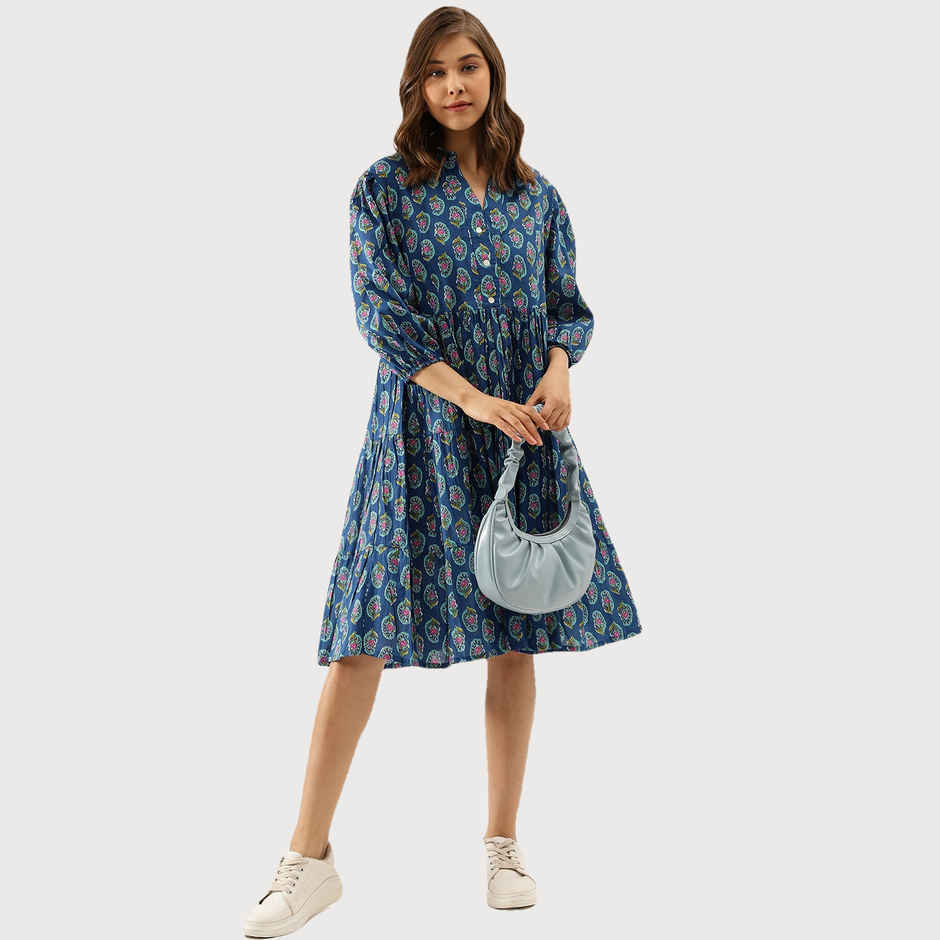 Divena Paisley Printed Cotton Dress for Women | DK1043 | Blue - XL