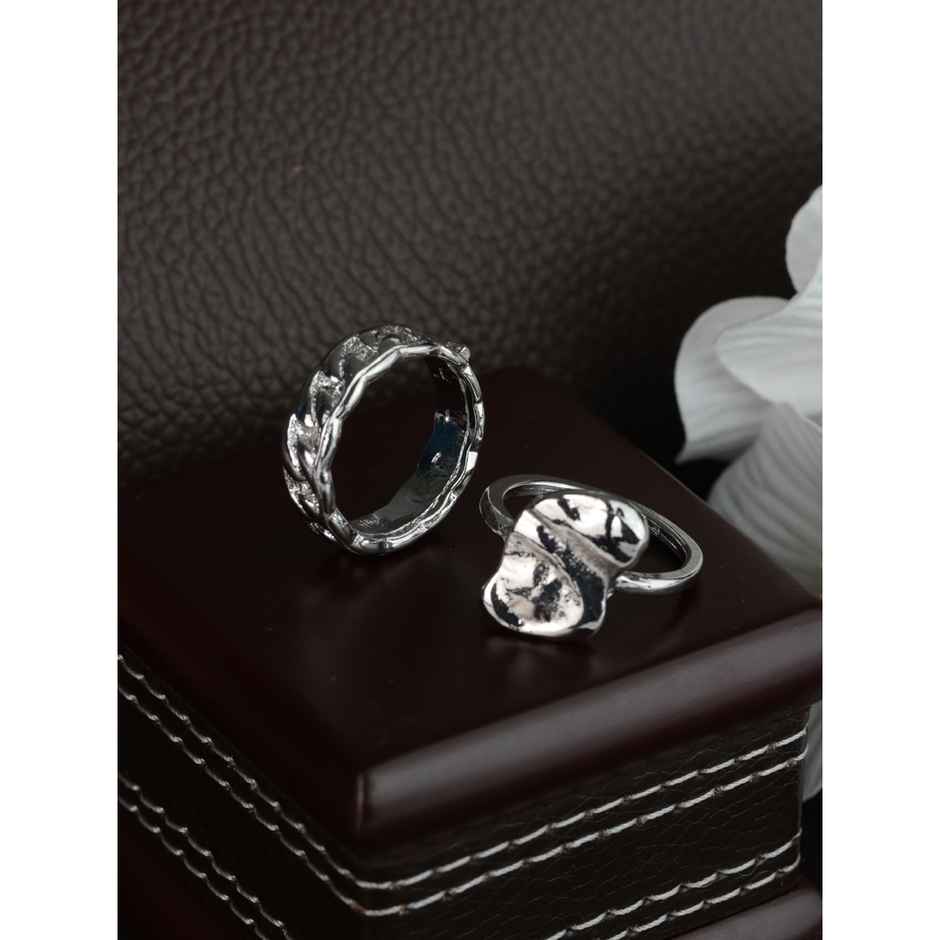 Prita By Priyassi Black Artificial Stone Silver Plated Ring | Set Of 2