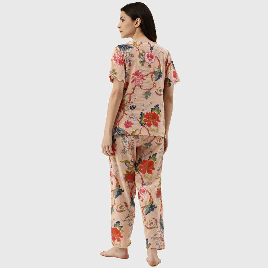 Sanskrutihomes Women Beige Pure Cotton Floral Print Pyjama | Set - S