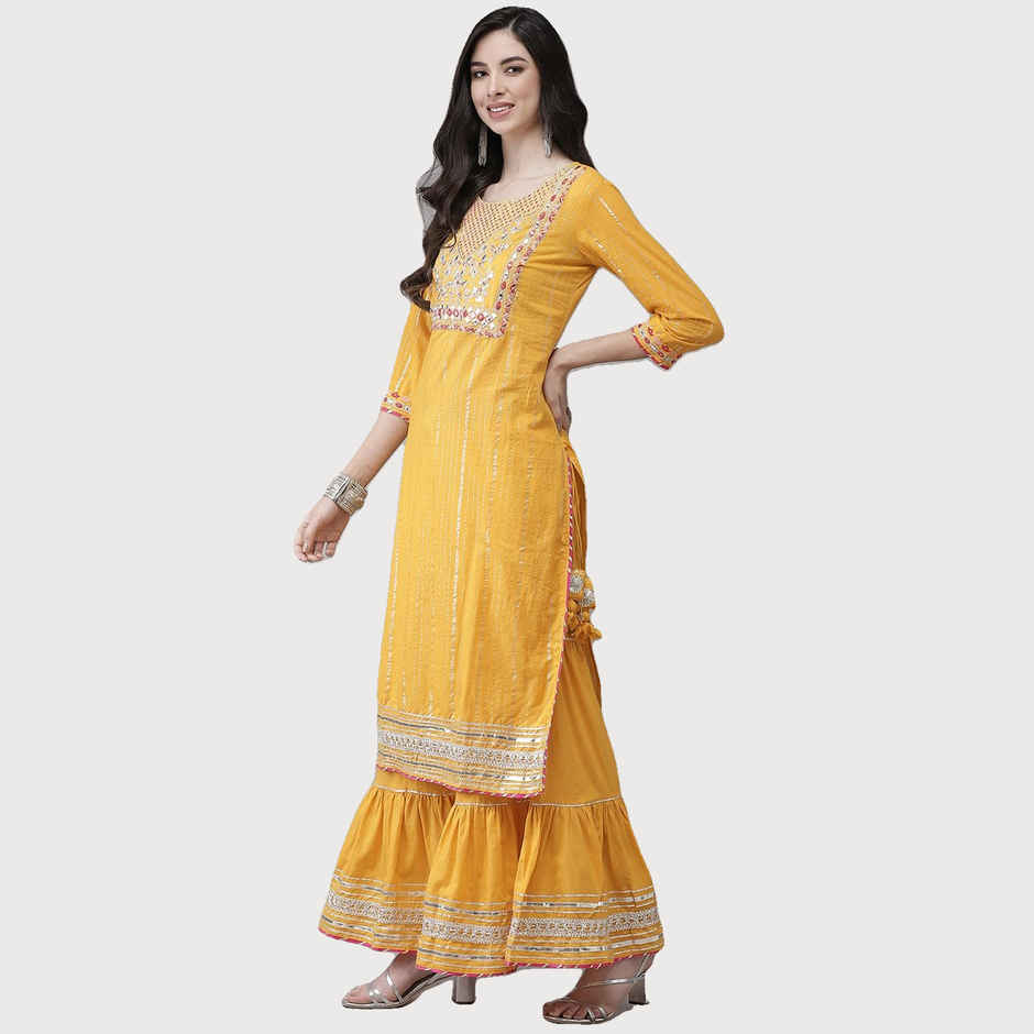 Ishin Women Gotta Patti Kurta with Sharara and Dupatta | KPLDSRD-19010 | Mustard Yellow - M