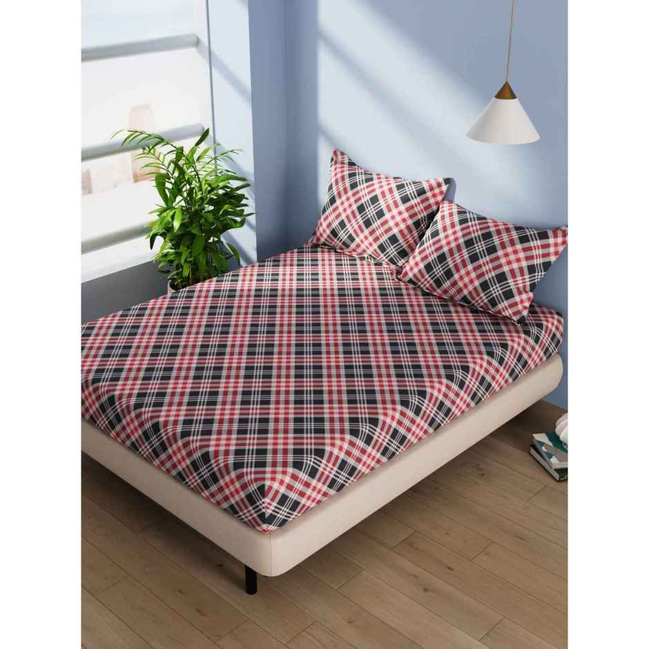 Bianca Cotton Double Bedsheet With 2 Pillow Covers 3pc Set | Serina Checks - Grey/Red