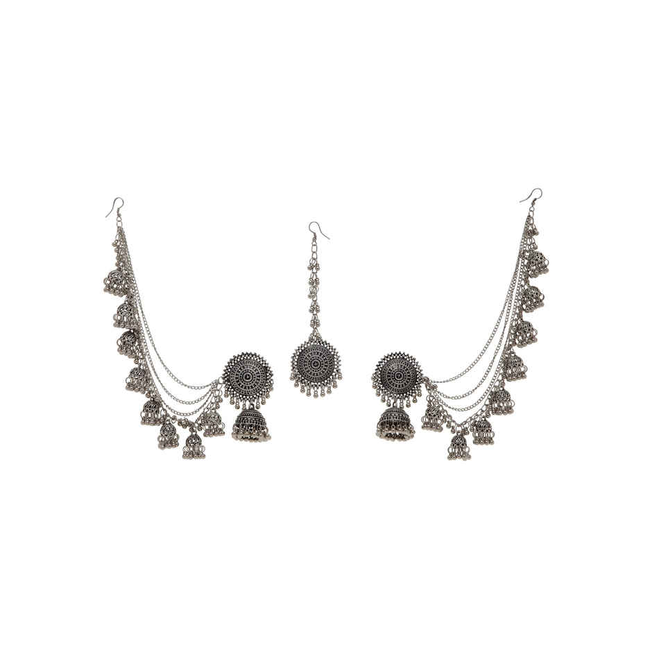 Shining Diva Fashion Oxidised Maang Tikka Bahubali Jhumka Earrings for Women and Girls | 12395er