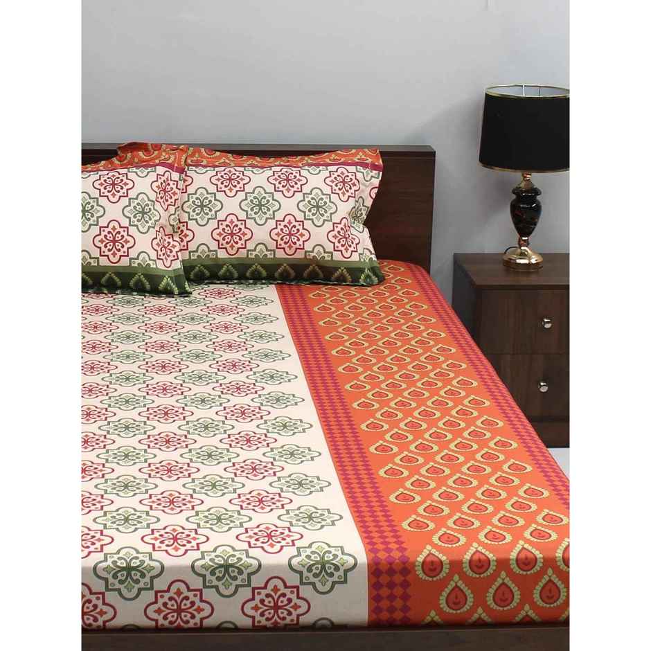 Bombay Dyeing Ivyrose 110 Tc 100% Cotton Queen Bedsheet With 2 Pillow Covers - Orange Green