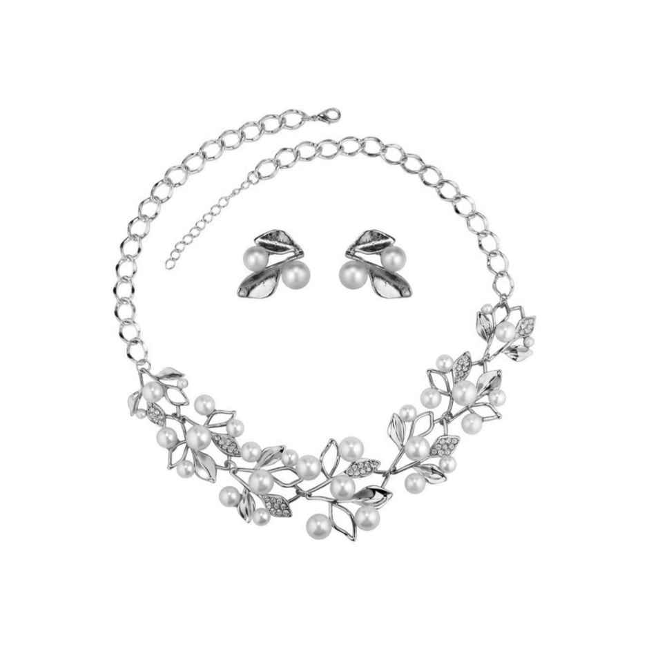 YouBella Silver Plated Pearl Studded Necklace with Earrings for Girls/Women (YBNK - 5677)