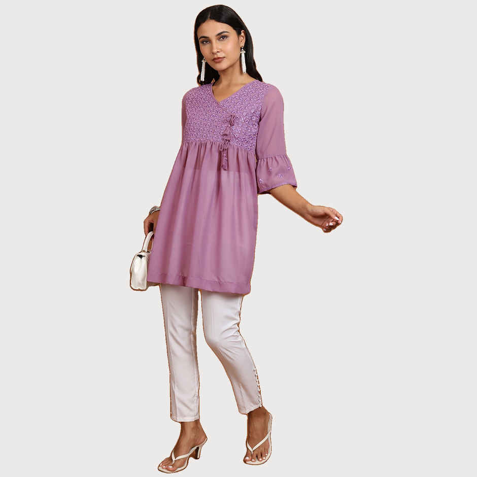 Ketch Women's Ethnic Motifs Embroidered V-Neck Bell Sleeve Pleated A-Line Kurti | Mauve | L
