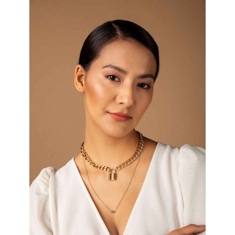 Priyassi Dual-Layered Floral Lock Link Gold-Plated Necklace