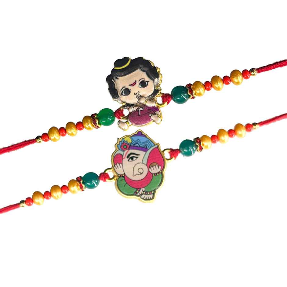 Tied Ribbons Krishna And Ganesha Rakhi For Kids With Roli Chawal (1pc) & Tied Ribbons Flute And Om Rakhi For Brother With Roli Chawal (1pc) Combo