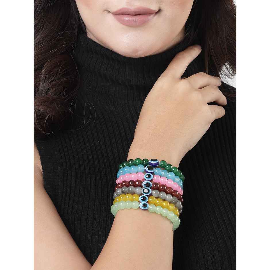 NVR Unisex Set of 7 Crystals Beaded Evil Eye Elasticated Bracelet | NVR2292