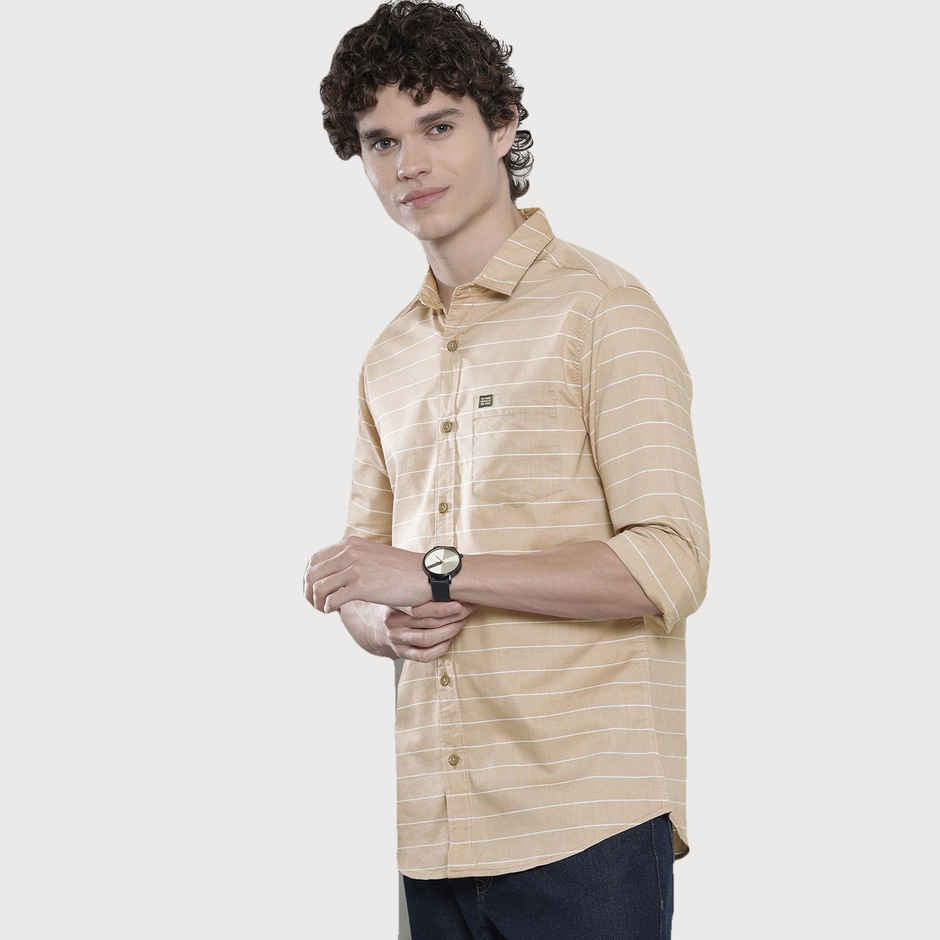 The Indian Garage Co Men's Slim Fit Striped Casual Shirt | Khaki - XL