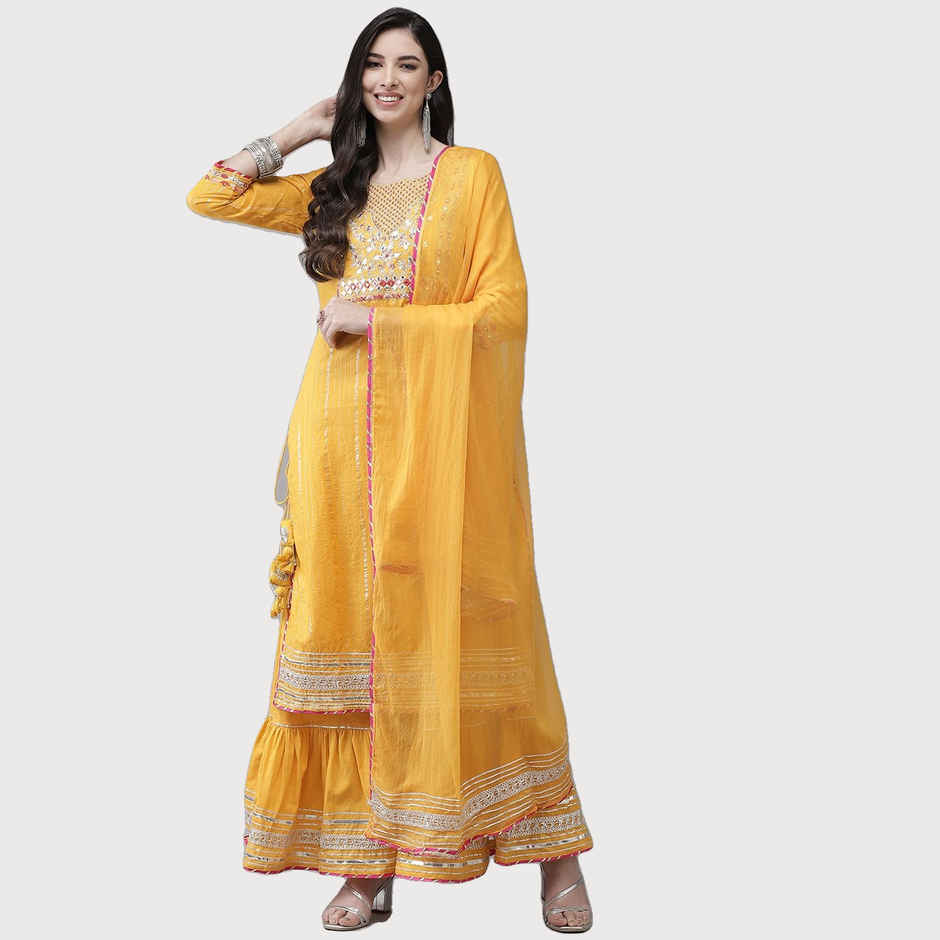 Ishin Women Gotta Patti Kurta with Sharara and Dupatta | KPLDSRD-19010 | Mustard Yellow - M