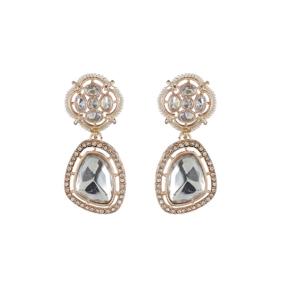 Priyaasi Floral Ad Studded Rose Gold-Plated Drop Earrings