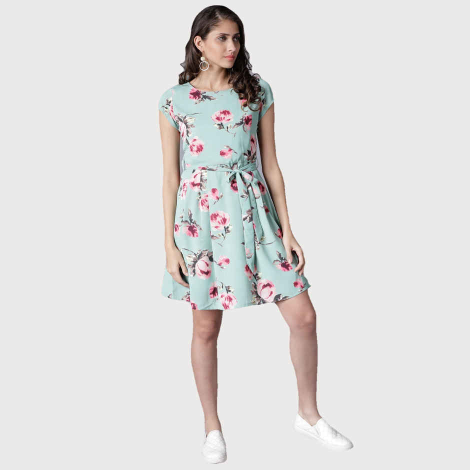 Tokyo Talkies Women's Digital Printed Georgette Fit And Flare Dress | Green - M