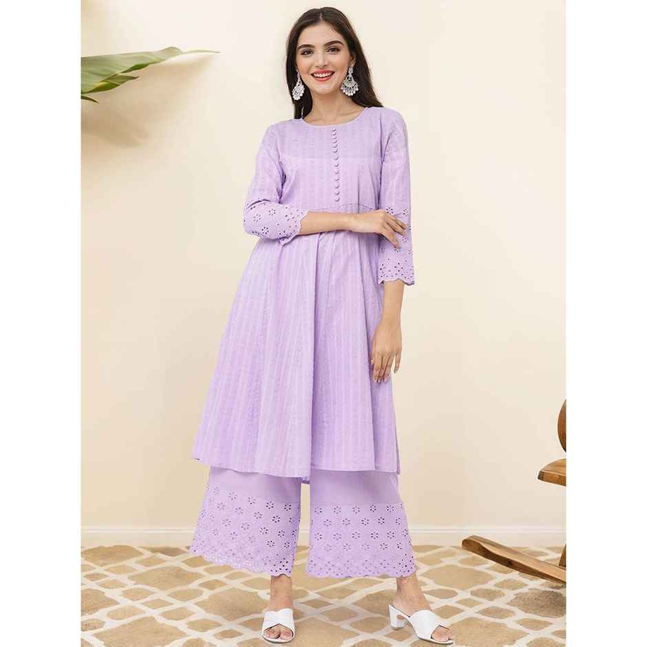 Ishin Women Cotton Kurta Set | INWKTAW24351 | Lilac - S