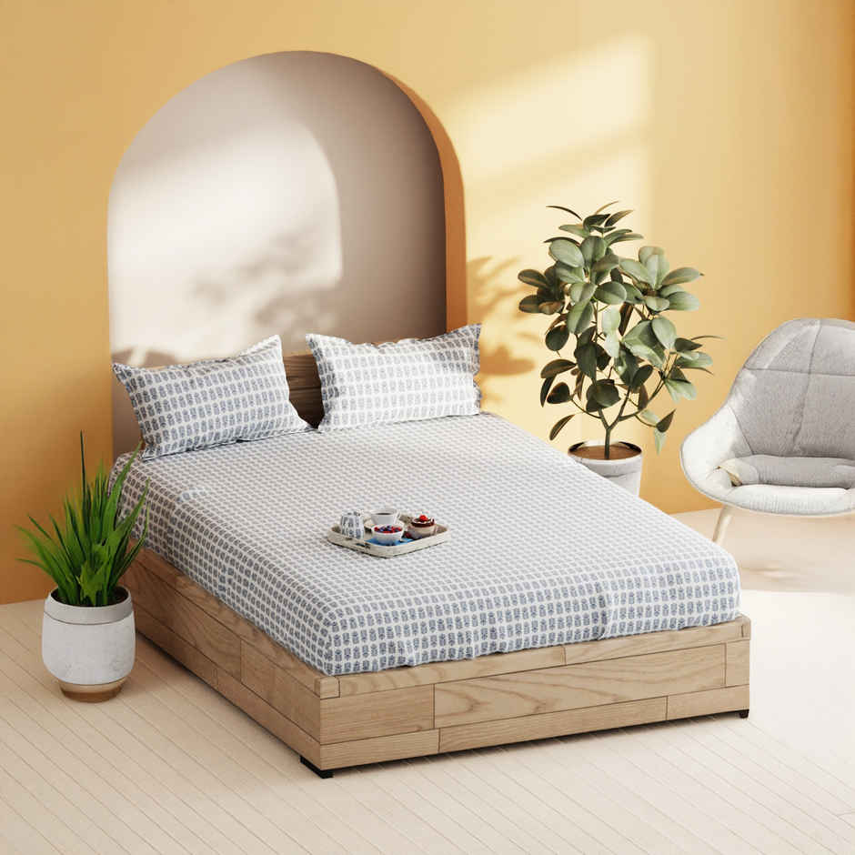 Bianca Soft 100% Natural Cotton Double Bedsheet With 2 Pillow Covers | Laquasa Floral | Indigo &Ecru