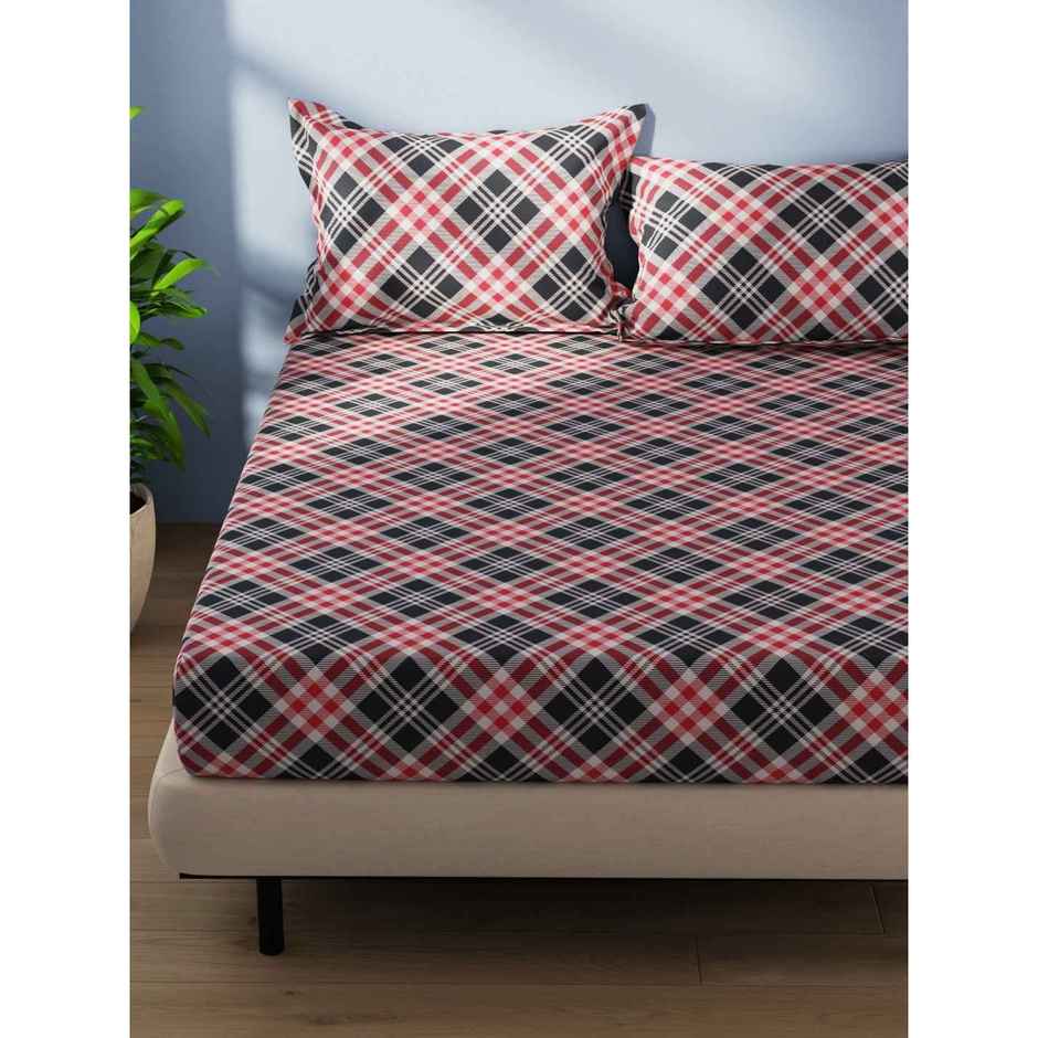 Bianca Cotton Double Bedsheet With 2 Pillow Covers 3pc Set | Serina Checks - Grey/Red