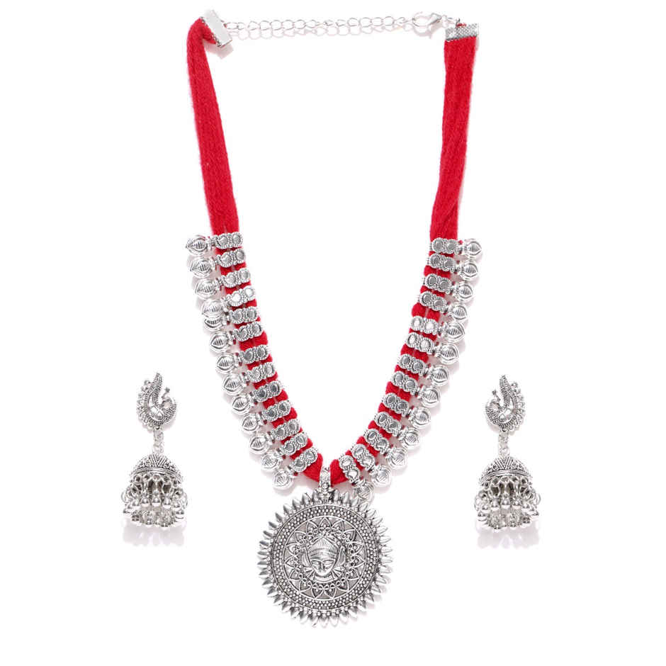 Youbella Stylish Latest Traditional Jewellery Silver Plated Jewellery Set For Women(Red)(Ybnk - 5498)