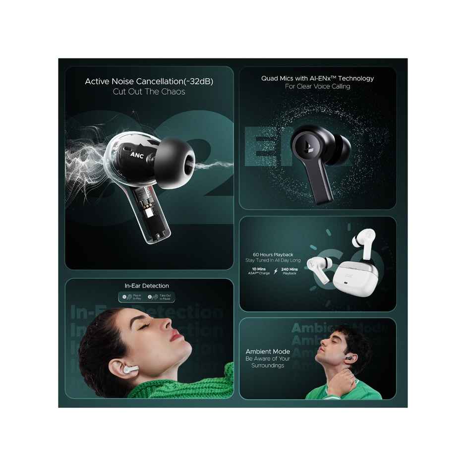 boAt Airdopes Flex 454 ANC TWS Earbuds with mic, 60HRS Battery, ANC(32dB), App Support, 4Mics ENx, Fast Charge, Dual Pairing, IPX5, v5.2 Bluetooth Earbuds - Gunmetal Black