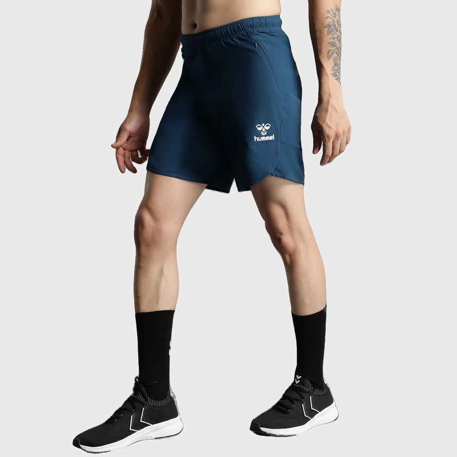 hummel Men's Kuro Solid Regular Fit Gym Shorts with Zipper Pockets | Blue - M