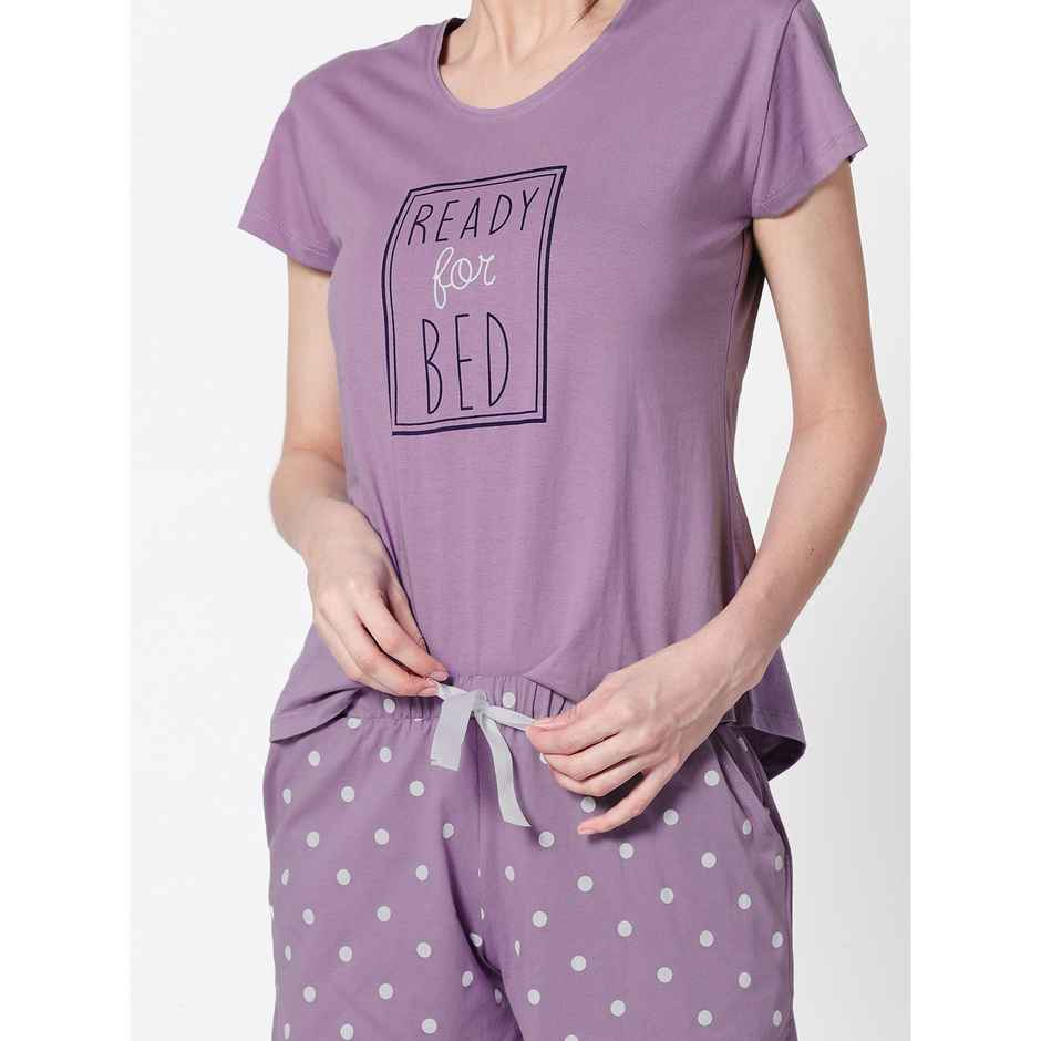 Zeyo Women Cotton Dot Printed Purple Night Suit Set of Top & Shorts 5226-PP- S