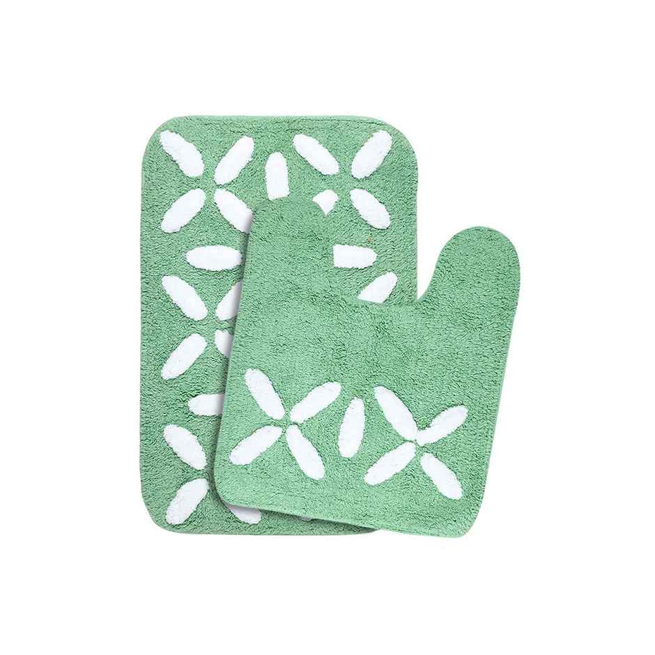 Saral Home Cotton Anti-Slip Bathmat & Contour Set | 40 x 60 & 40 x 45 cm | Green