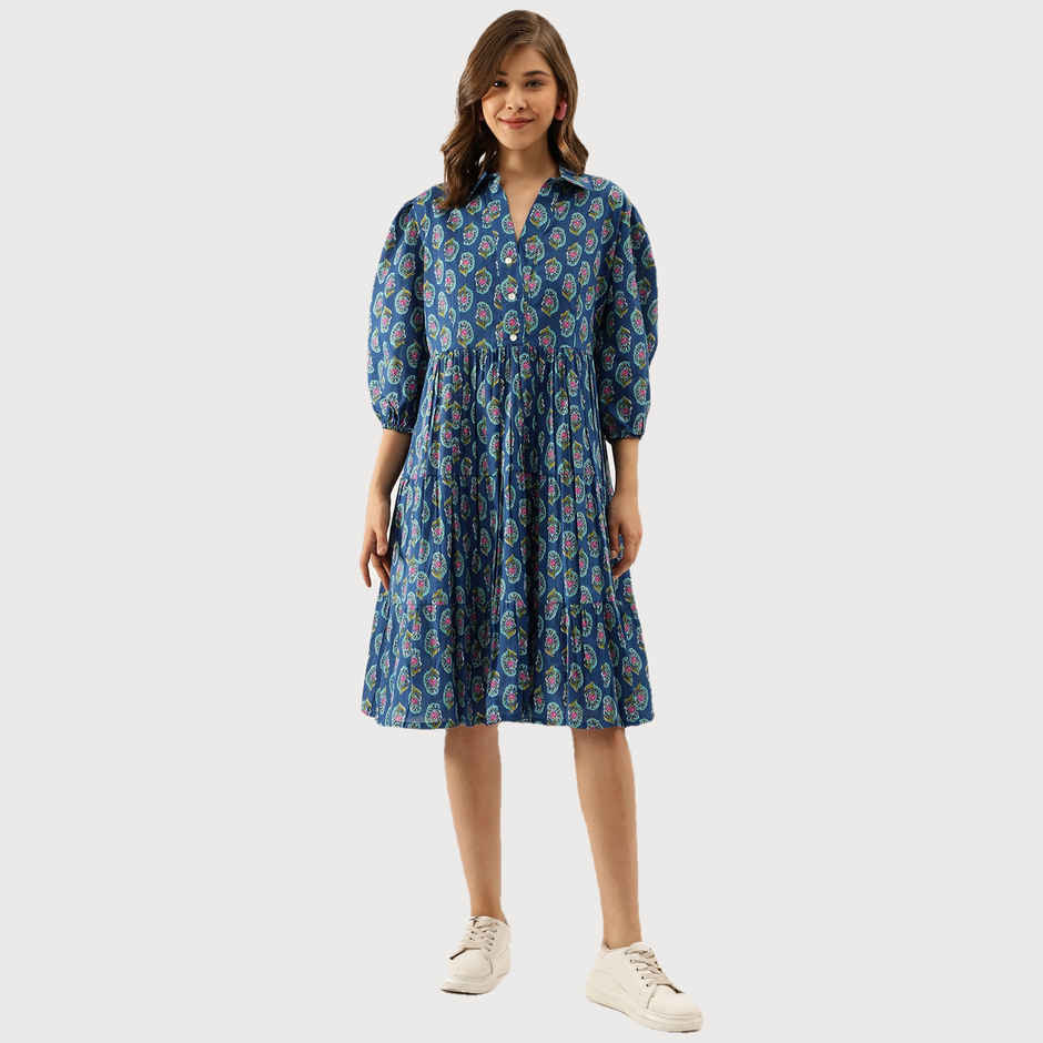 Divena Paisley Printed Cotton Dress for Women | DK1043 | Blue - XL