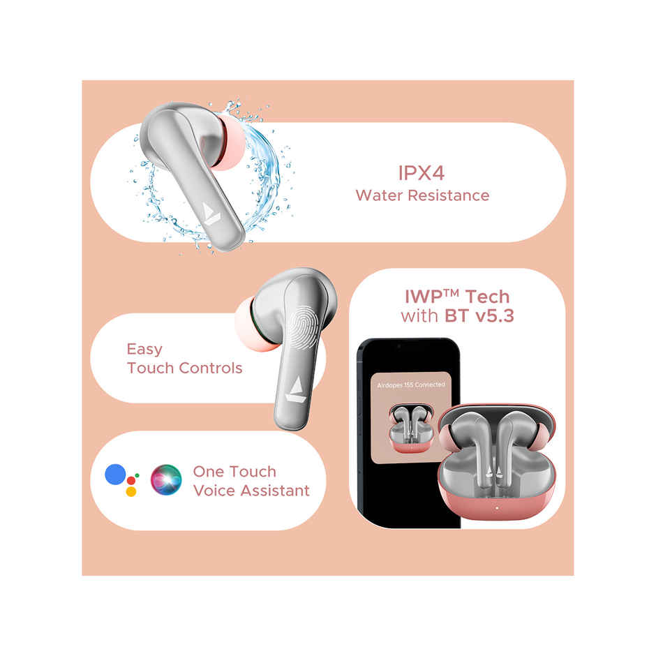 boAt Airdopes 155 w/ 40 hrs Playtime,In-Ear Detection,Quad Mics ENx Tech,ASAP Charge Bluetooth - Hot Rouge