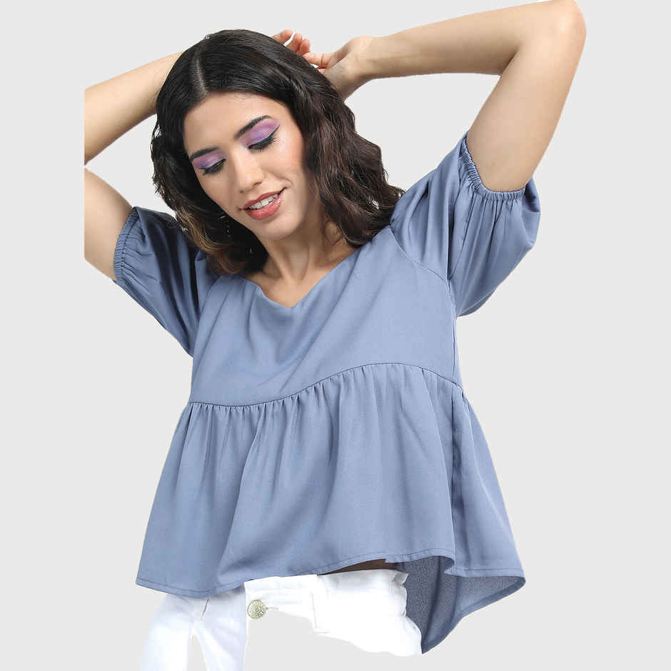 Tokyo Talkies Women's Puff Sleeve Gather Top | Blue - XL