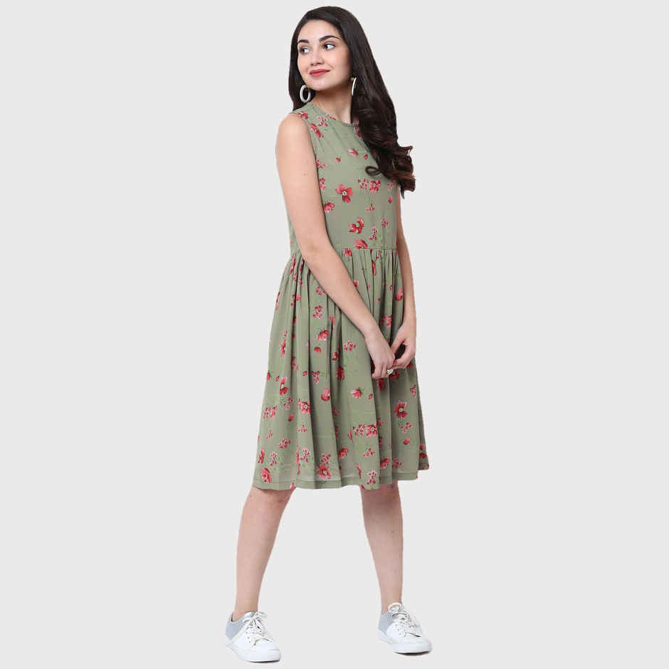 Tokyo Talkies Women's Printed Fit and Flare Dress | Green - L