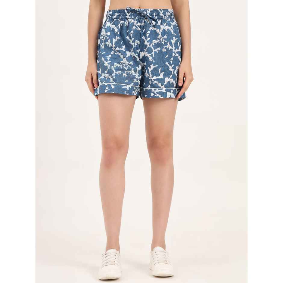 Divena Sky Blue Printed Cotton Shorts for Women | DK0254 - S