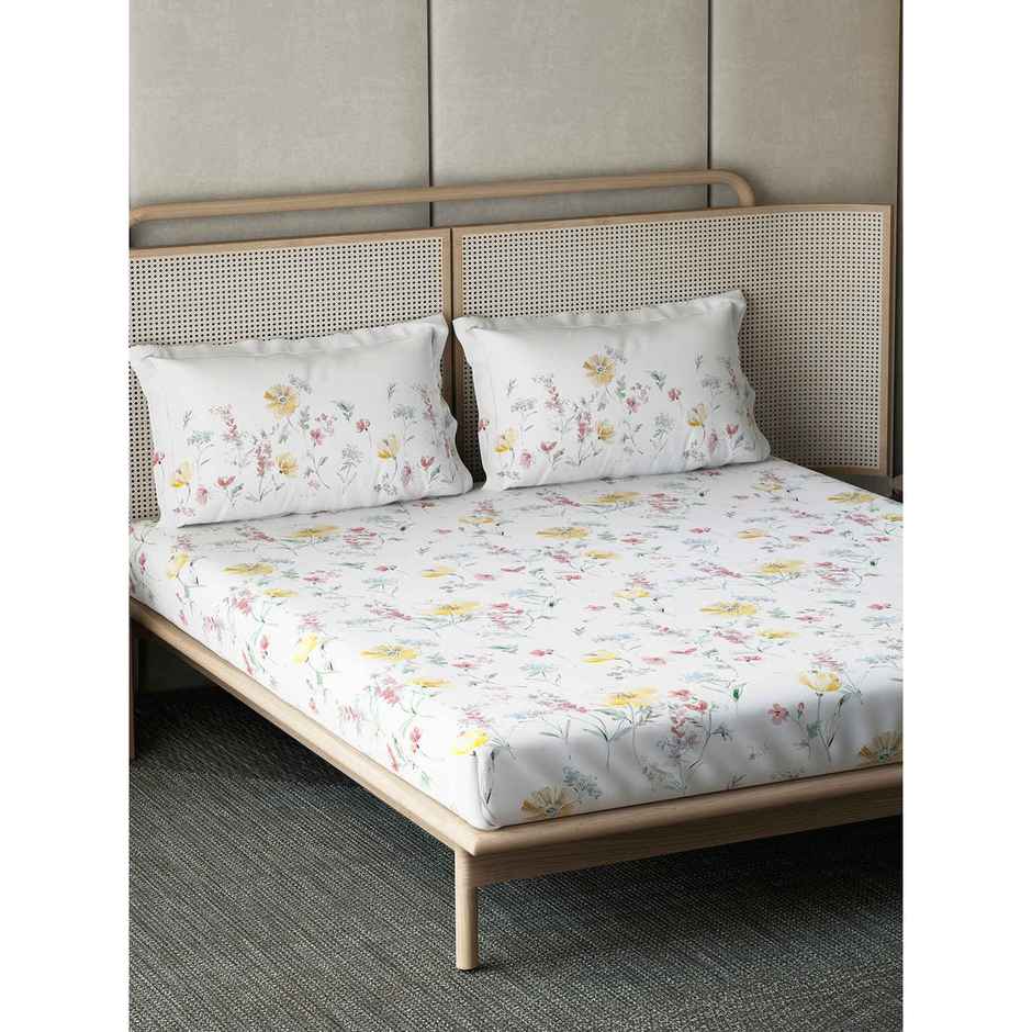 D'Decor Gifting Cotton Queen Flat Bedsheet | 145 TC Two Pillow Covers | Floral Yellow
