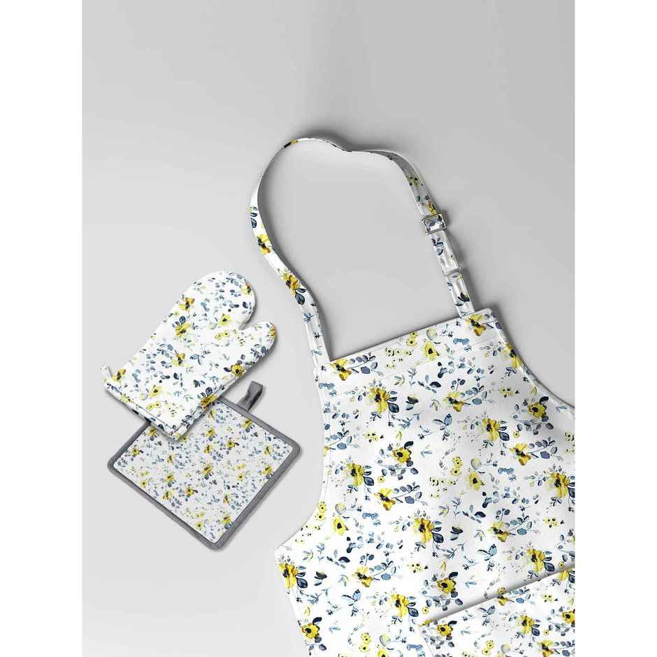 Bianca Premium Printed Cotton Apron, Oven Mitt, Pot Holder Set | Florence Floral | Yellow & Grey