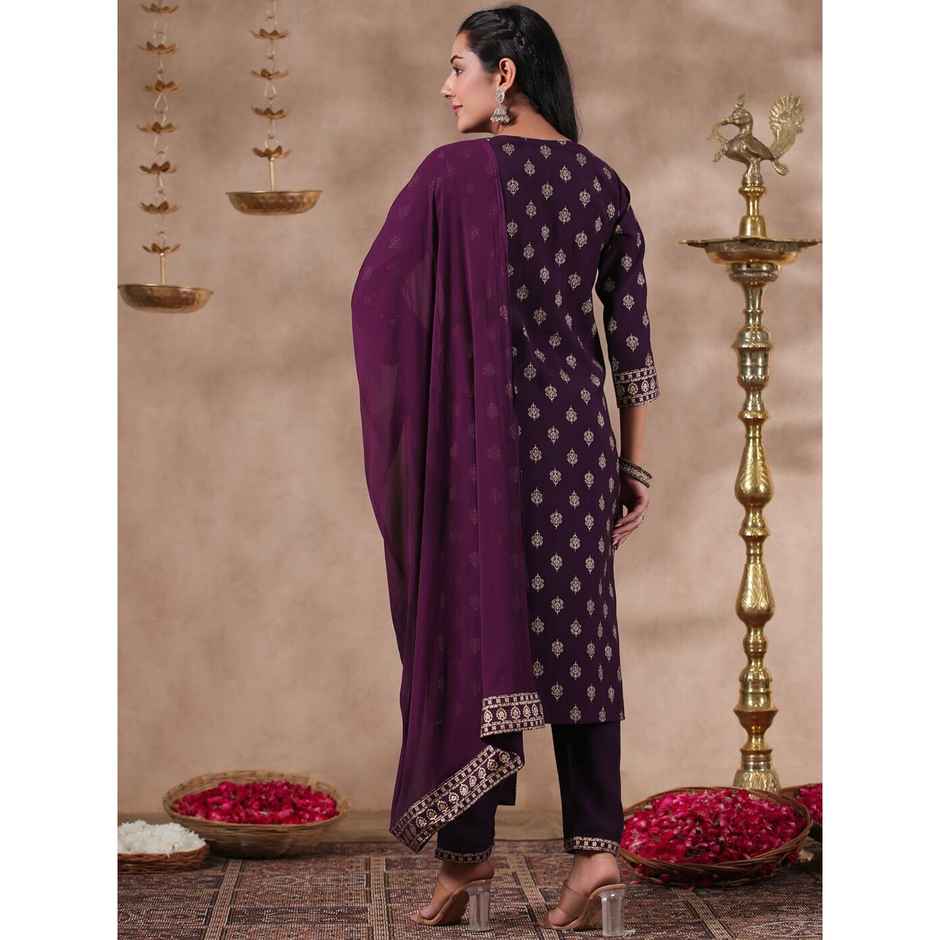 Ishin Women Straight Ethnic Silk Blend Kurta Set with Dupatta | INWSDAW231219 | Purple - M
