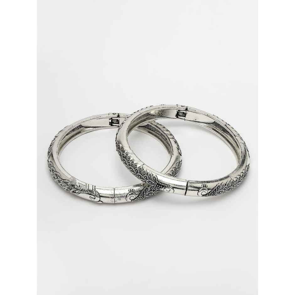 NVR Women's Set of 2 Silver-toned German Silver Peacock Design Oxidised Kada Bangle | NVR2478