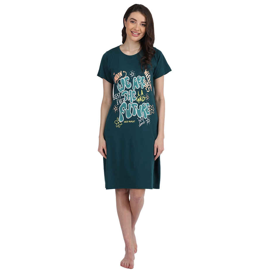 Duchess Women's Cotton Blend Printed Knee Length Nighty | Green - M