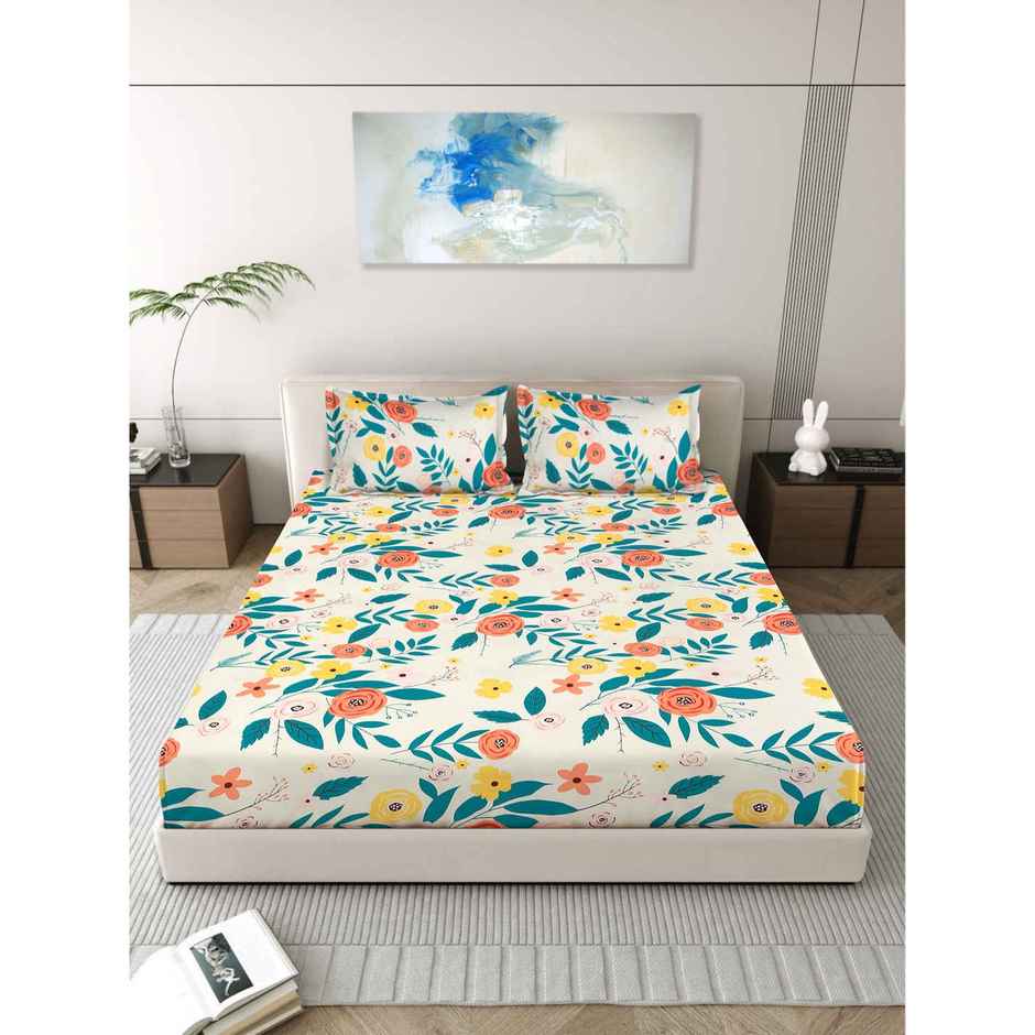 Status Imperial Corner Fitted Bedsheet | Coral Bloom & Teal | 198 x 182 cm