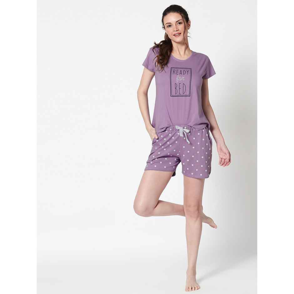 Zeyo Women Cotton Dot Printed Purple Night Suit Set of Top & Shorts 5226-PP- S