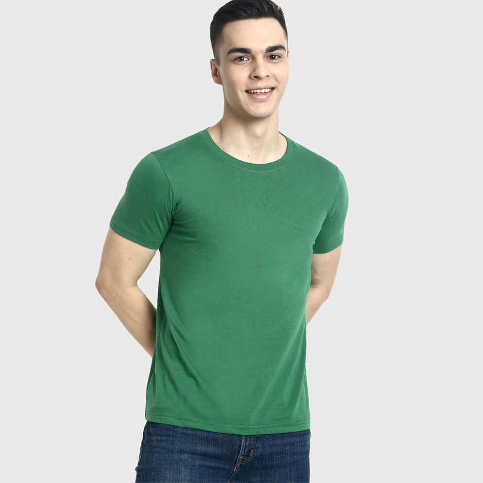 hummel Men's Cam Round Neck Solid Regular Fit Cotton Poly T-shirt | Green - L