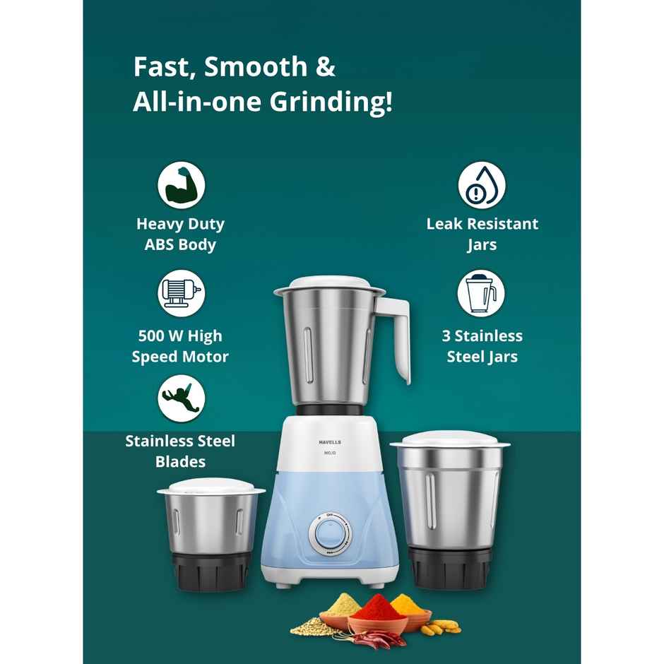 Havells 500 Watt Mojo Mixer Grinder 3 Jar | White-Light Blue