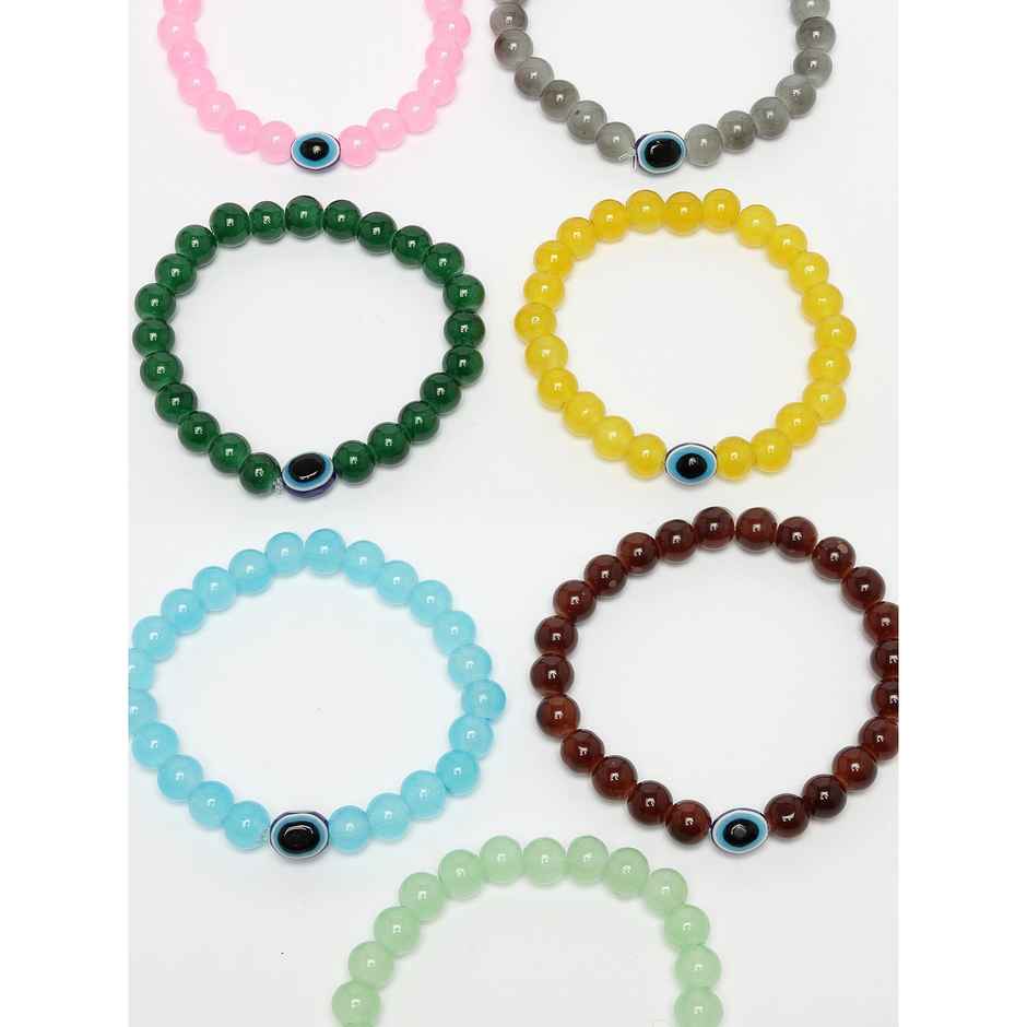 NVR Unisex Set of 7 Crystals Beaded Evil Eye Elasticated Bracelet | NVR2292