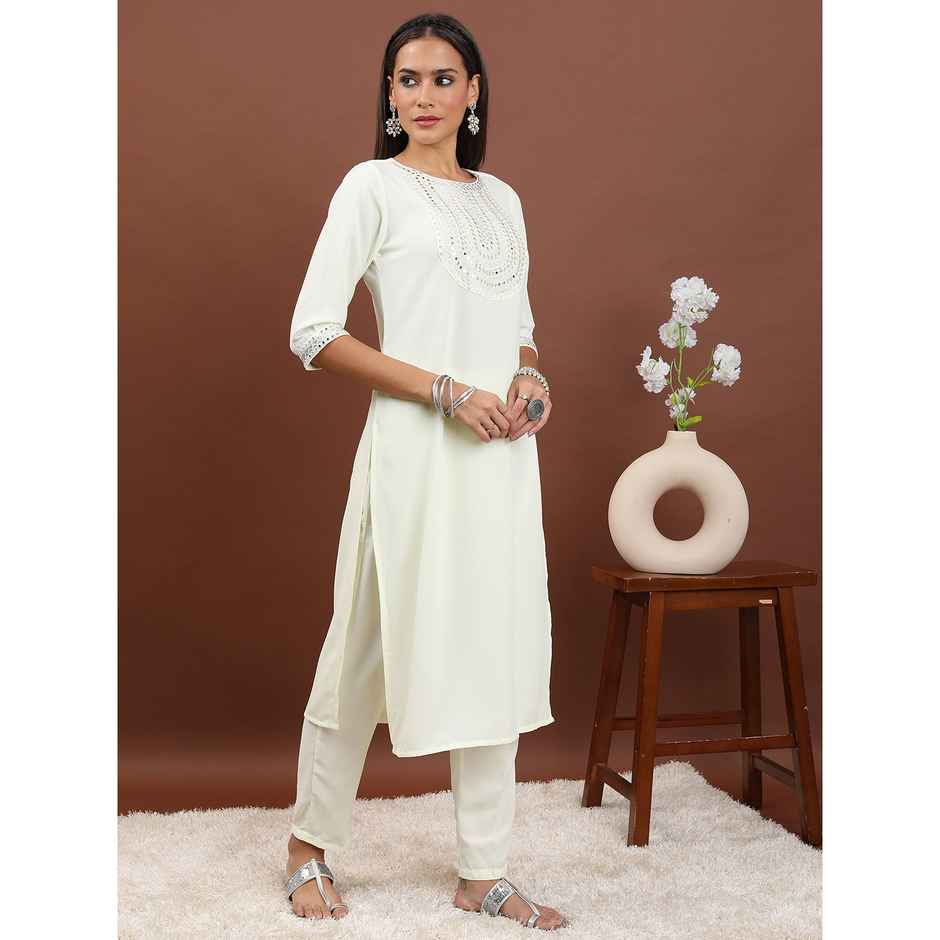 Ketch Women's Ethnic Motifs Embroidered Mirror Work Kurta With Trousers Dupatta | Cream | S