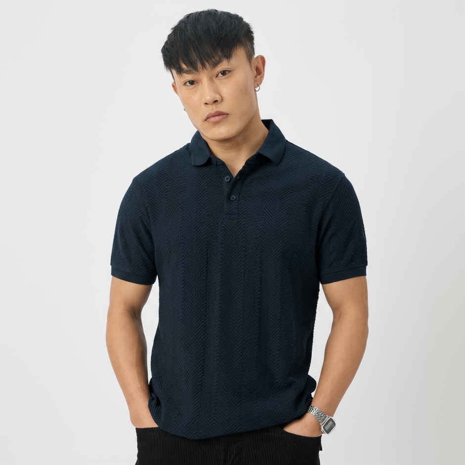 The Souled Store Men's Regular Textured Polo - Navy Polos | L