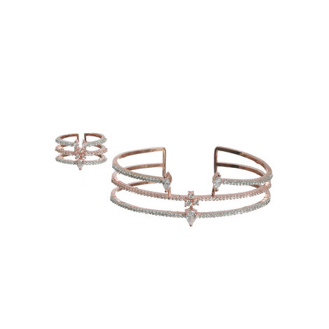 Priyaasi Statement Design American Diamond Rose Gold Plated Bracelet With Ring