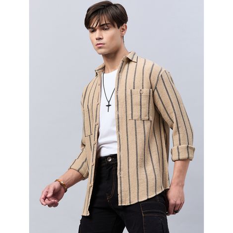 Style Quotient Men Stripe Textured solid Shirt | S | SS24SQVINTAGE - Beige