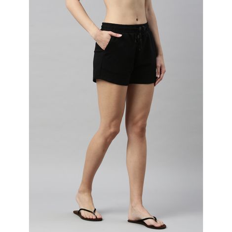 Enamor Essentials E078 Women s Comfy Terry Shorts | Adjustable Waistband & Pockets | Black | L