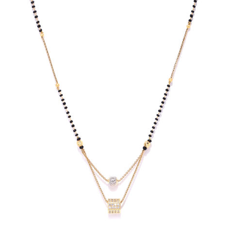 Priyaasi Gold-Plated Ad Studded Geometric Pendant Black Beaded Chain Mangalsutra