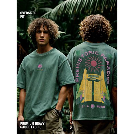 The Souled Store Men's Jurassic Park Prehistoric Paradise Vintage Oversized T-shirt | Green - XL