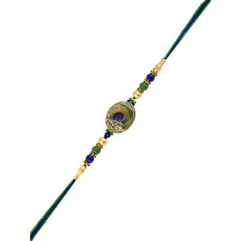Thread Peacock Feather Beaded Single Rakhi (Voylla)