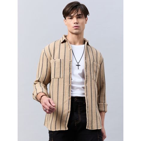 Style Quotient Men Stripe Textured solid Shirt | S | SS24SQVINTAGE - Beige