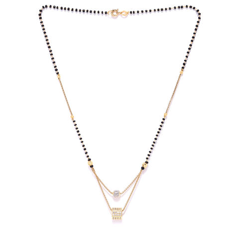 Priyaasi Gold-Plated Ad Studded Geometric Pendant Black Beaded Chain Mangalsutra