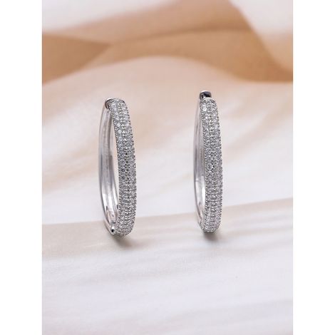 Rubans Rhodium Plated Sparkling Cubic Zirconia Studded Hoop Earrings